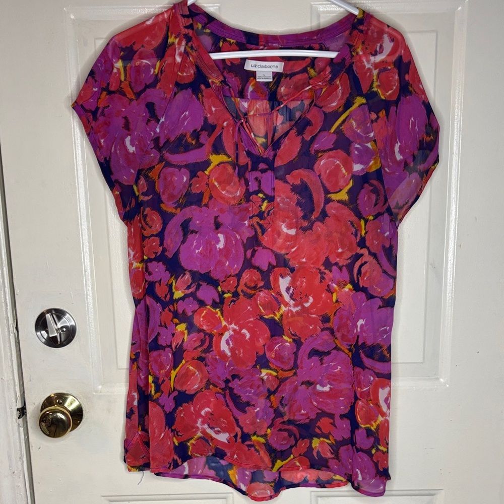 Liz Claiborne Pink and Purple Floral V-Neck Blouse
